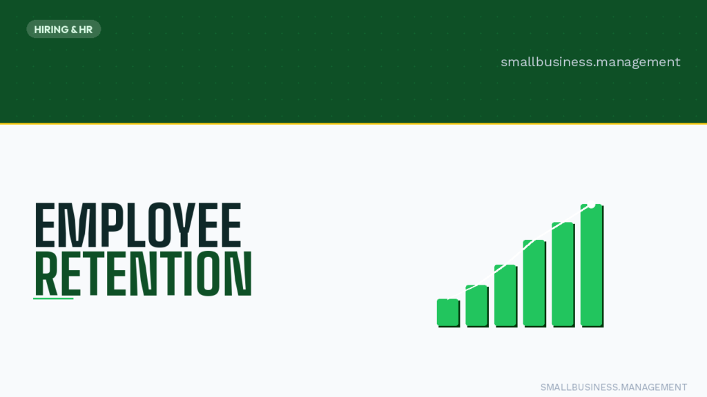 Hero banner for smallbusiness.management about employee retention, featuring a rising green bar chart on the right and the bold words 'EMPLOYEE RETENTION' on the left with a dark green header bar that says 'HIRING & HR'.