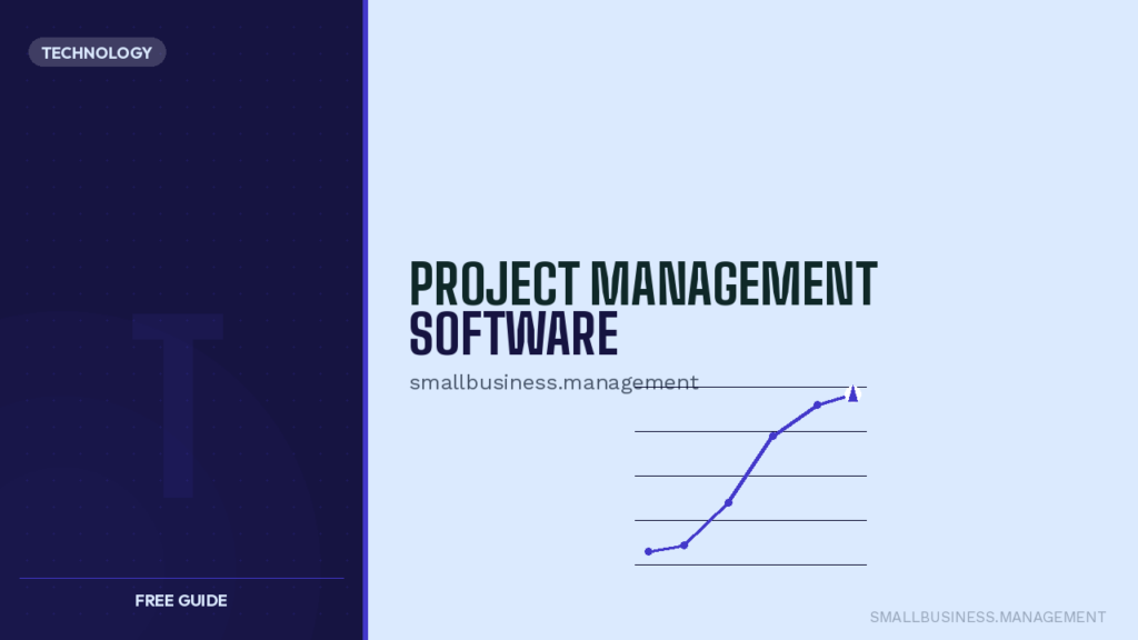 Cover for a free guide on project management software: dark left panel with a Technology badge and watermark, light right panel with the title and a rising chart.