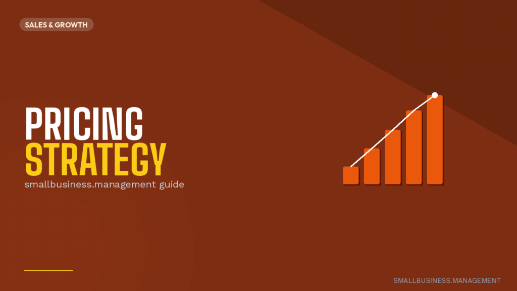 Hero banner with the title PRICING STRATEGY and an orange rising bar chart on the right, on a brown dotted background.