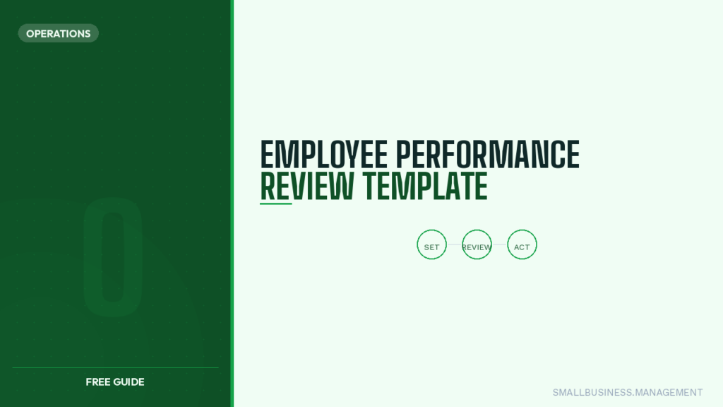 Split-page hero: dark green left panel with OPERATIONS badge and 'FREE GUIDE' text; light right side shows 'EMPLOYEE PERFORMANCE REVIEW TEMPLATE' with 'REVIEW' underlined and three outlined circles reading SET, REVIEW, ACT; small site credit at bottom right.