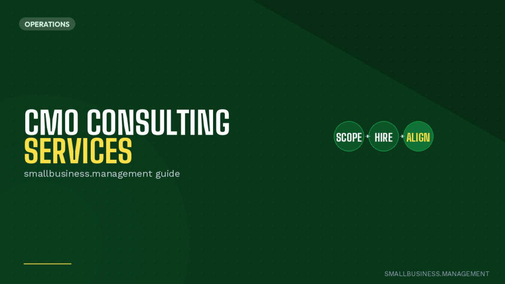 Hero banner: CMO CONSULTING SERVICES with subtitle smallbusiness.management guide and three steps SCOPE, HIRE, ALIGN on a dark green background.