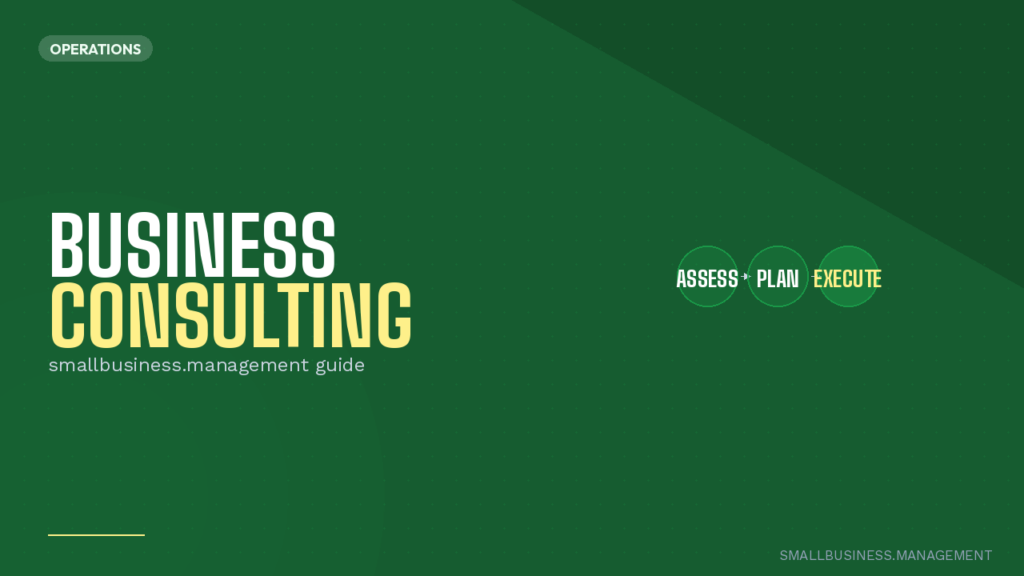 Green hero banner promoting 'Business Consulting' with bold title, three-step circles 'Assess → Plan → Execute' on the right, and smallbusiness.management at the bottom.