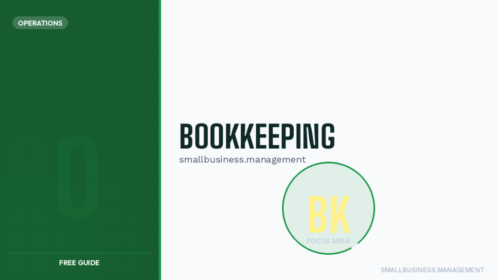 Split-screen graphic: left dark green panel with an 'OPERATIONS' badge; right shows 'BOOKKEEPING' and a circular BK logo.