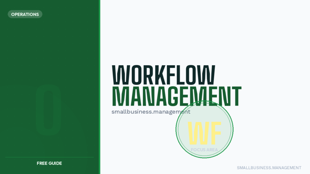 Hero banner: left dark green panel with 'OPERATIONS' badge and 'FREE GUIDE' at bottom; right side features bold 'WORKFLOW MANAGEMENT' and a circular WF stamp.
