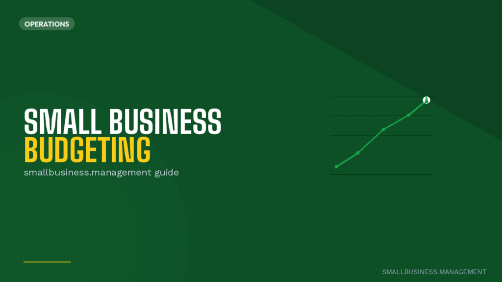 Hero banner: green background, 'Small Business Budgeting' in white/yellow, subtitle 'smallbusiness.management guide', with a rising line chart on the right.