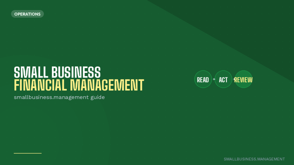 Green hero banner promoting Small Business Financial Management with subtitle 'smallbusiness.management guide' and circular Read‑Act‑Review steps on the right.