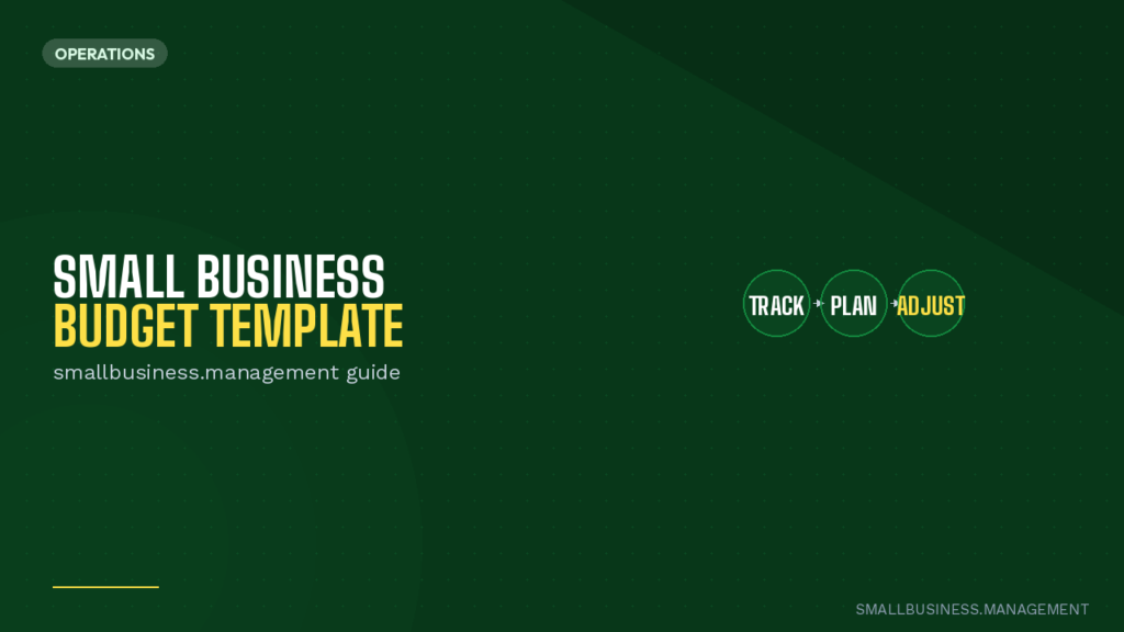 Green hero banner with title 'Small Business Budget Template' and subtitle 'smallbusiness.management guide'; three circular steps on the right read Track, Plan, Adjust.