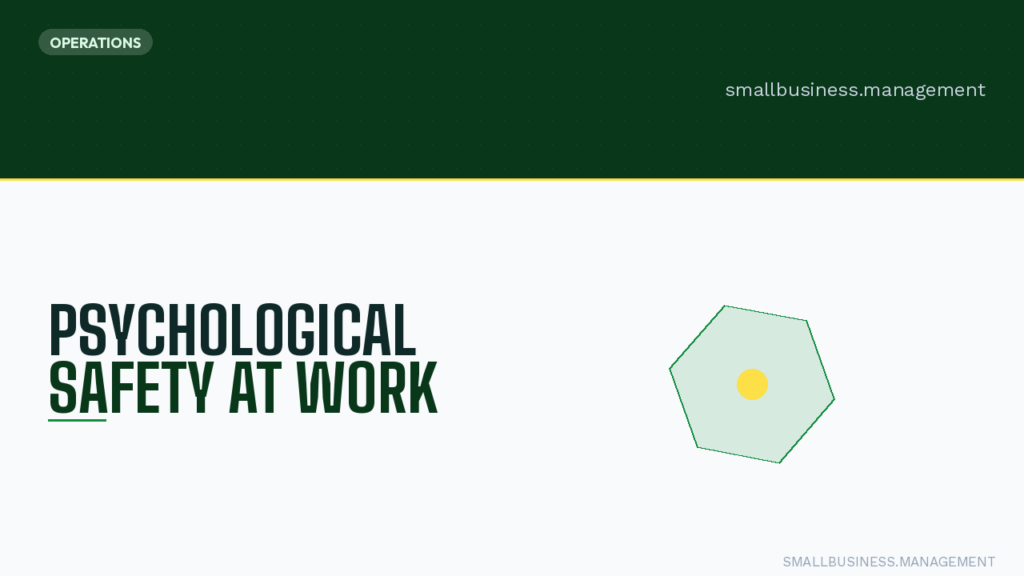 Hero banner: dark green header with OPERATIONS badge, large title 'PSYCHOLOGICAL SAFETY AT WORK' on a pale background, and a light green hexagon with a yellow center on the right; smallbusiness.management watermark at bottom right.