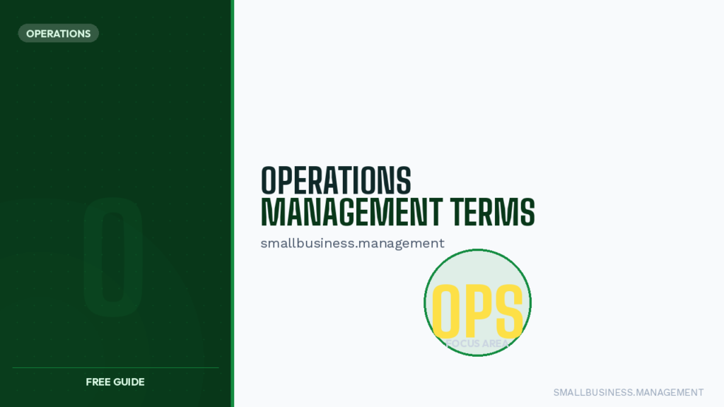 Cover slide for Operations Management Terms; left dark green panel includes FREE GUIDE, right side displays the title and OPS logo.