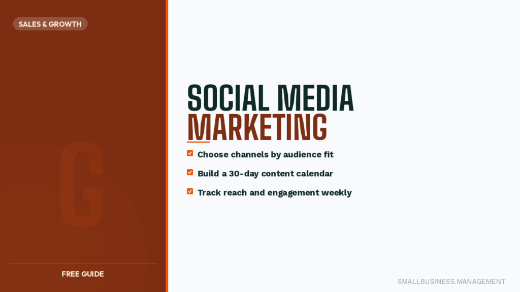 Promotional hero banner for a free guide: 'Social Media Marketing' with three checklist benefits and a 'Sales & Growth' tag on a split brown and white background.