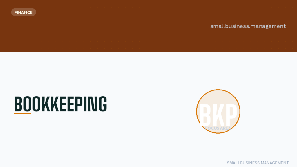 Finance header banner promoting BOOKKEEPING with the BKP focus area logo on the right, on a brown dotted header and light background.