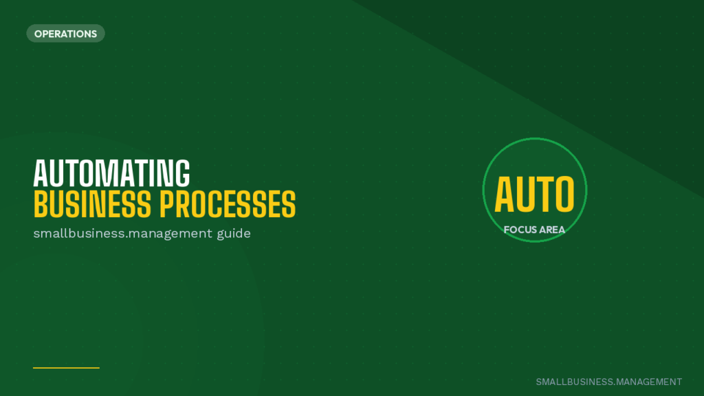 Green hero banner with the headline 'Automating Business Processes' in white and yellow, subtitle 'smallbusiness.management guide', and a circular 'AUTO' focus area on the right.