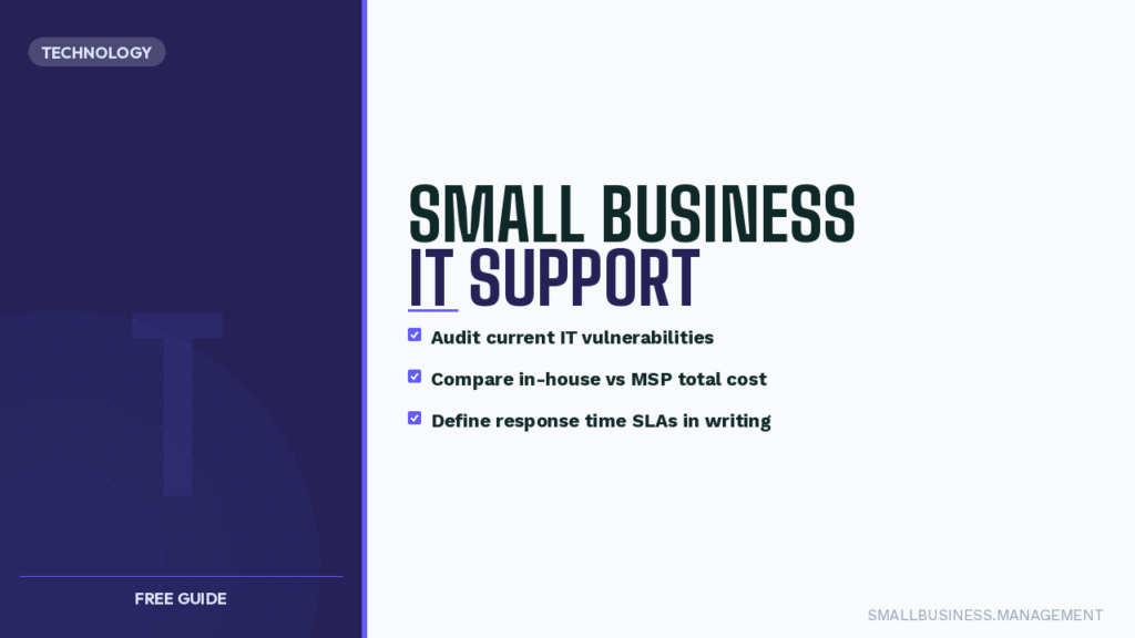 Split-screen hero banner: left dark purple tech-themed panel with a small TECHNOLOGY badge, right light area announcing Small Business IT Support with three checked bullet points and a faint footer tag.
