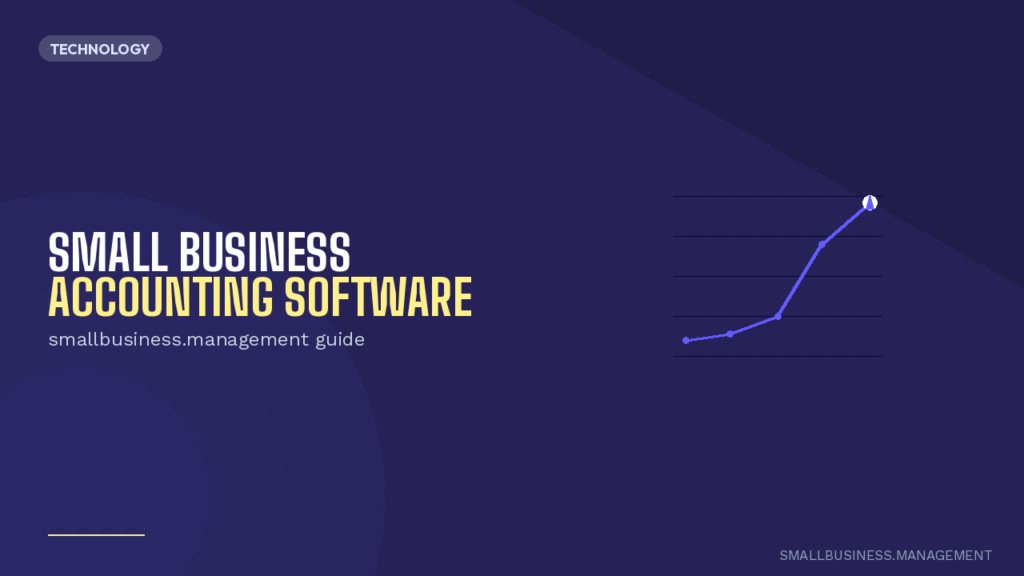 Dark blue hero banner with dotted background; left-aligned white/yellow title 'Small Business Accounting Software' and subtitle 'smallbusiness.management guide'. Right side shows a blue line chart rising. TECHNOLOGY tag visible on upper left.