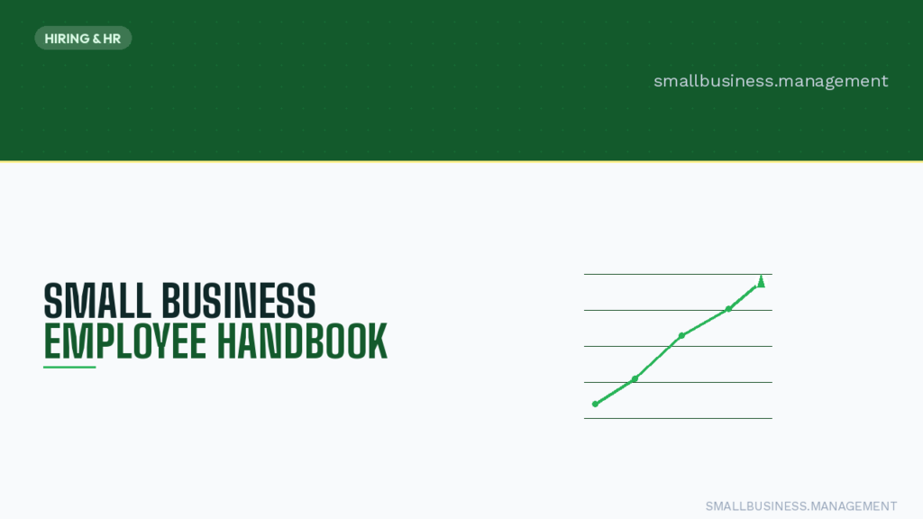 Hero banner for Small Business Employee Handbook: bold black and green title on the left with a line accent, and a green line chart on the right, plus a Hiring & HR badge at top left.