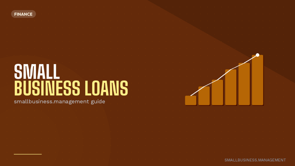 Banner for Small Business Loans with an ascending orange bar chart on a brown background and a diagonal design element (Finance tag at top left).