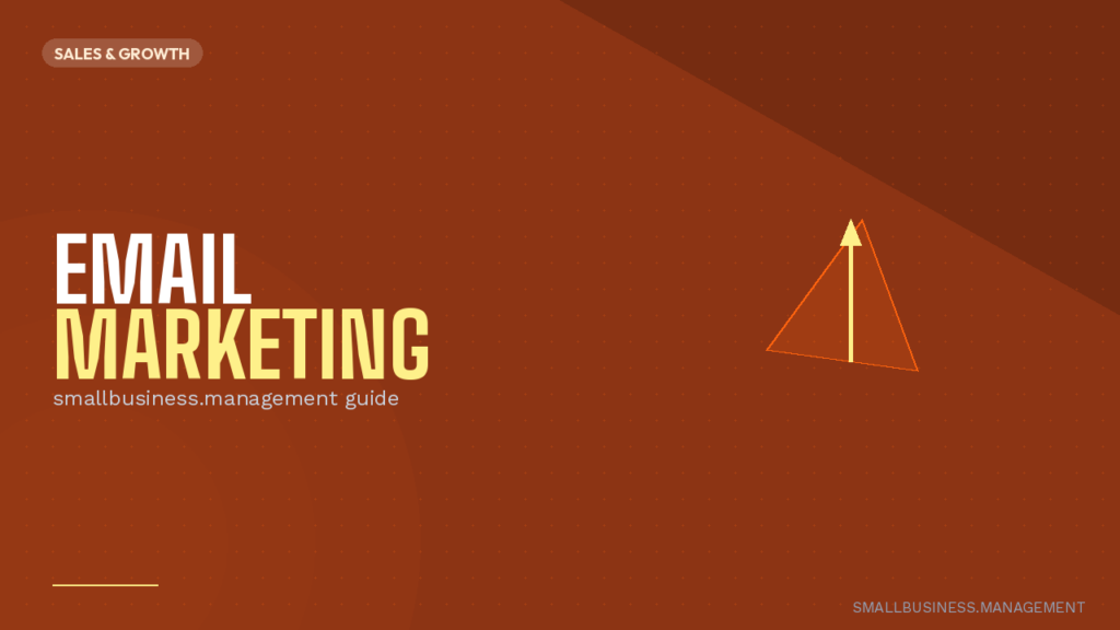 Hero banner promoting an email marketing guide for small businesses on an orange dotted background with a right-side triangle illustration and a 'Sales & Growth' badge at top left.