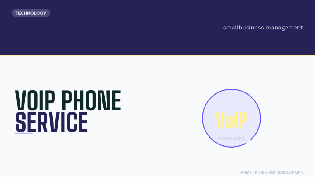 Technology-themed banner promoting VOIP PHONE SERVICE; bold left text with a circular VoIP badge on the right, and a small TECHNOLOGY tag at top.