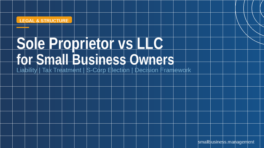 sbm-373 - Small Business Management Presentation slide titled 'Sole Proprietor vs LLC for Small Business Owners' with a blue grid background and an orange 'Legal & Structure' label.