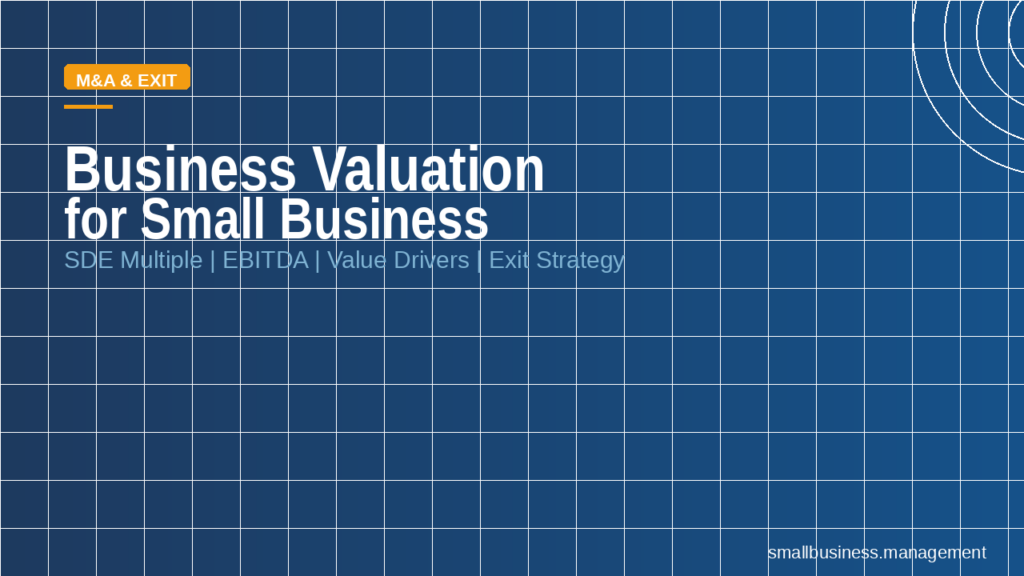 sbm-377 - Small Business Management Blue grid hero banner with the large title 'Business Valuation for Small Business' and an orange 'M&A & EXIT' badge.