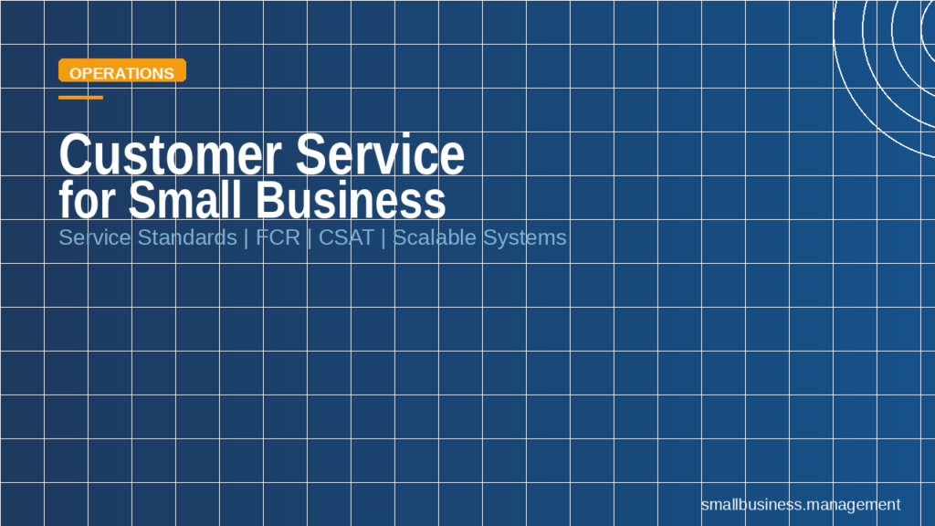 Hero banner: Customer Service for Small Business under Operations, listing Service Standards, FCR, CSAT, Scalable Systems.
