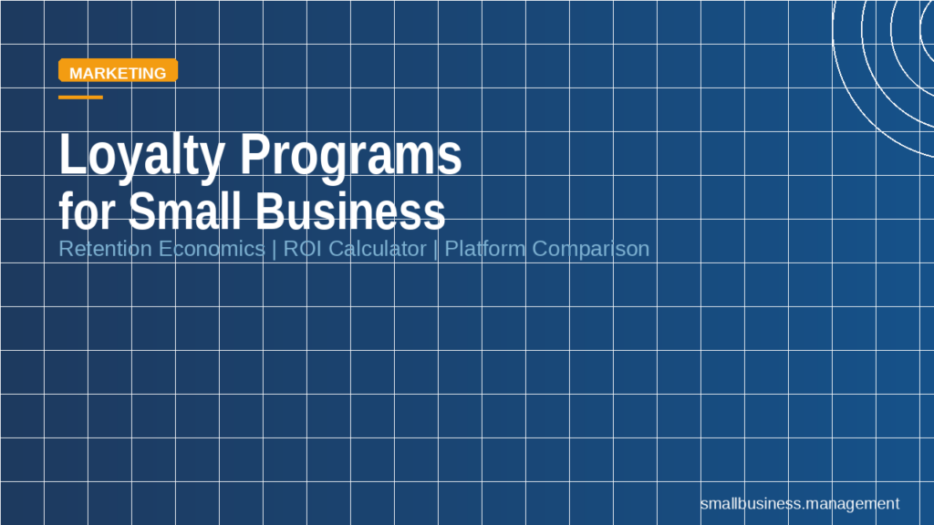 Hero banner: Blue grid background with white headline 'Loyalty Programs for Small Business' and pale-subtitle 'Retention Economics | ROI Calculator | Platform Comparison'; small orange 'MARKETING' tag at top-left.