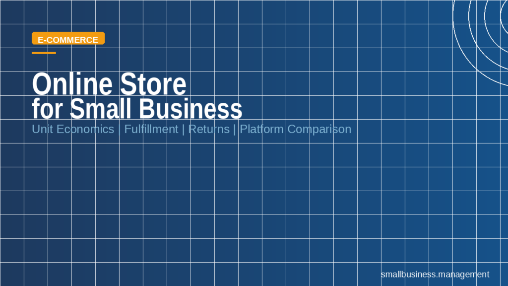 Blue grid hero banner with an orange E‑COMMERCE badge and bold white headline 'Online Store for Small Business' on the left.