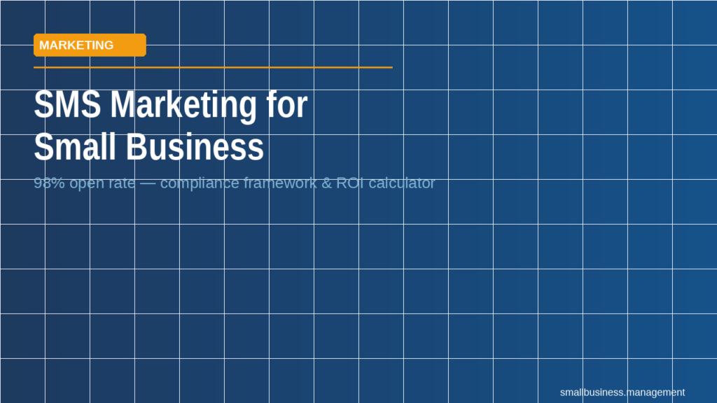 Hero banner promoting SMS Marketing for Small Business with an orange 'MARKETING' tag and blue tiled background, conveying the page's topic and call to action.