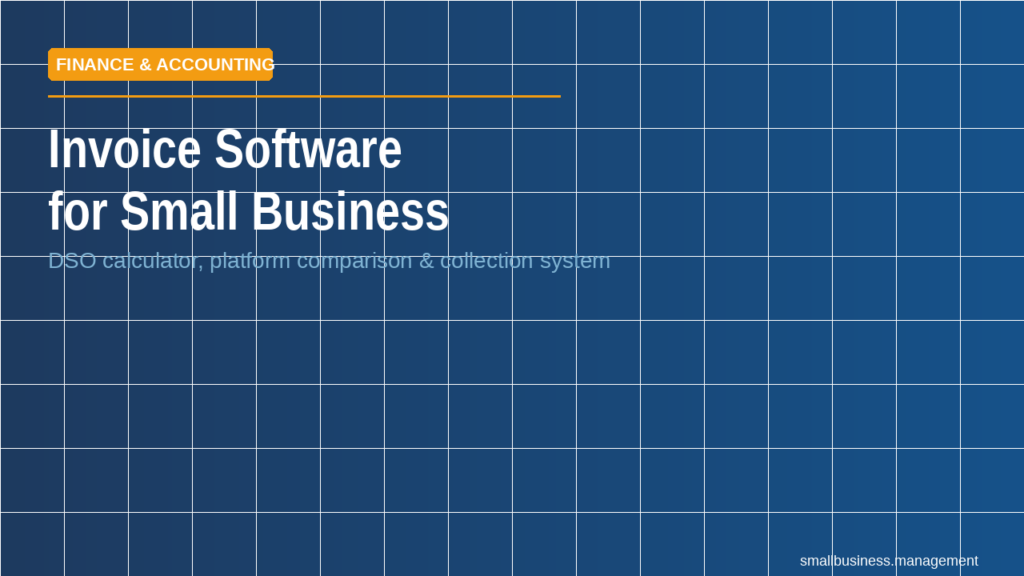 Finance & Accounting banner: 'Invoice Software for Small Business' with subtitle about the DSO calculator and platform comparison on a blue tiled background.