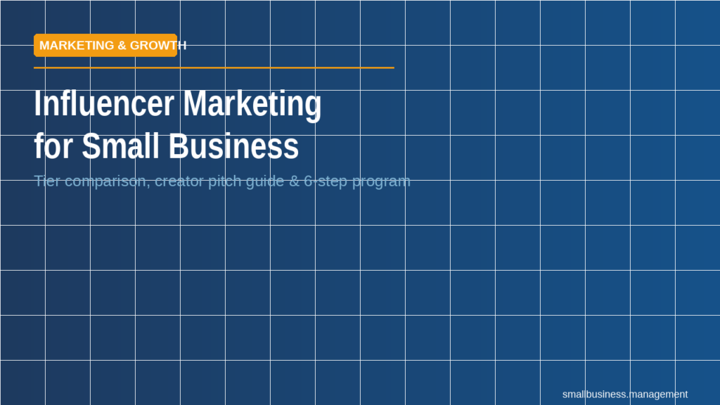 sbm-423 - Small Business Management Banner: 'Influencer Marketing for Small Business' with orange 'Marketing & Growth' badge and subtitle about a tiered program (blue tiled background)