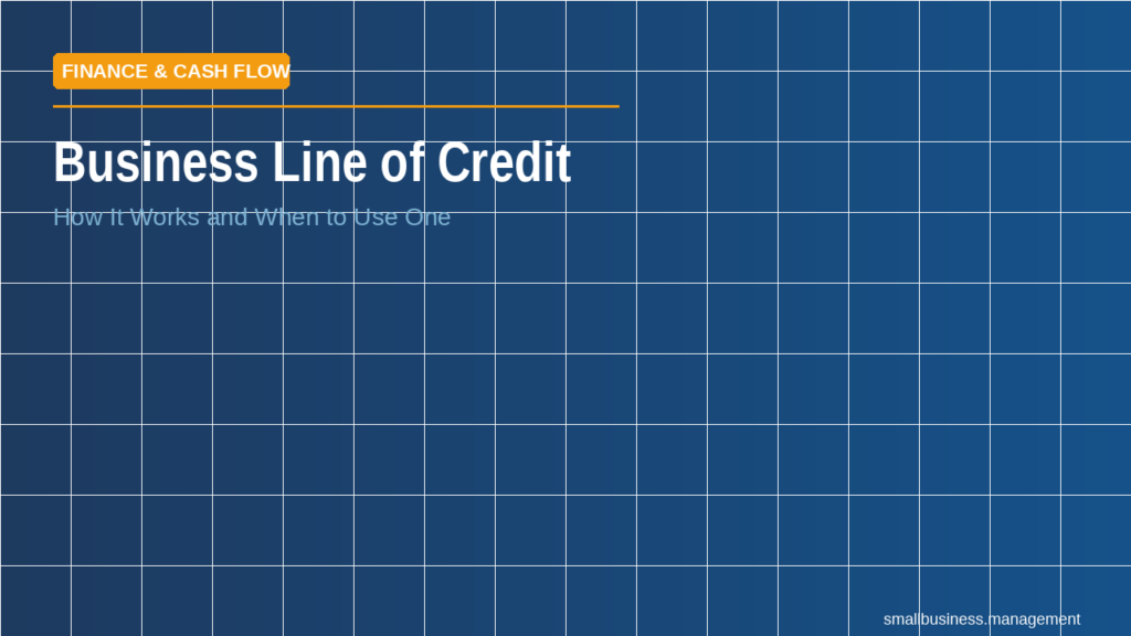 Hero banner with a blue grid background, showing the title 'Business Line of Credit' and subtitle 'How It Works and When to Use One' overlaid, plus an orange label 'FINANCE & CASH FLOW' at the top left and the site text 'smallbusiness.management' bottom right.