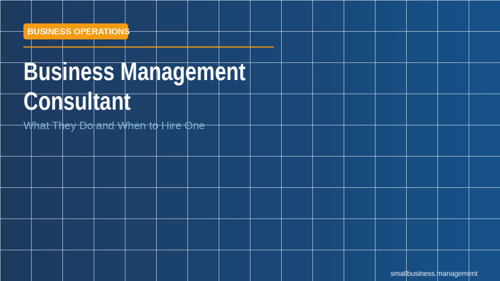 Blue tiled grid hero with an orange 'BUSINESS OPERATIONS' badge and large white title: 'Business Management Consultant' with subtitle 'What They Do and When to Hire One'.