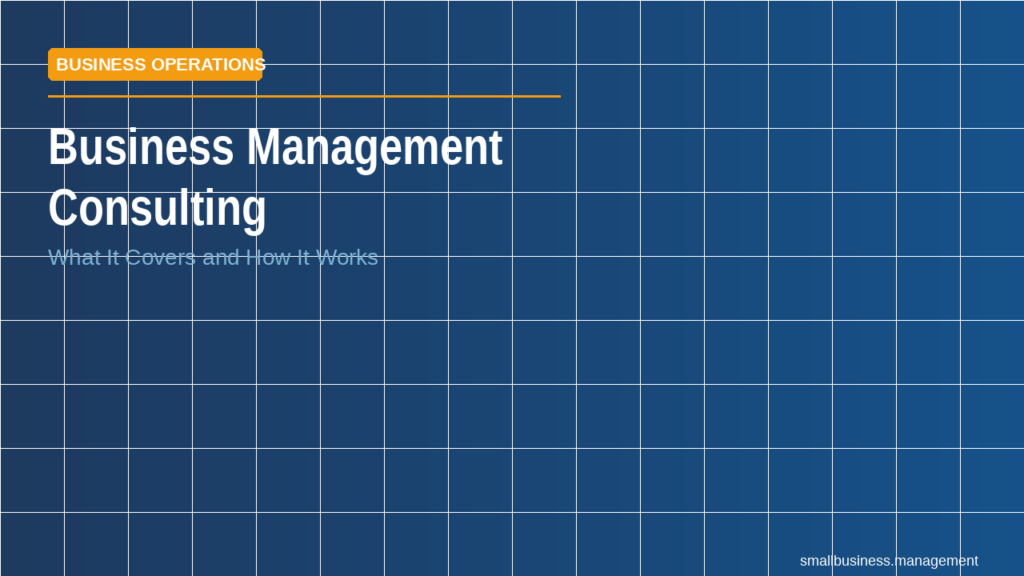 Blue tiled hero with title 'Business Management Consulting' and orange 'BUSINESS OPERATIONS' label at top left, subtitle below.