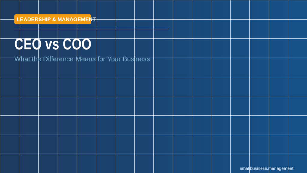 Header banner showing 'CEO vs COO' with subtitle on a blue grid background; orange 'Leadership & Management' label.
