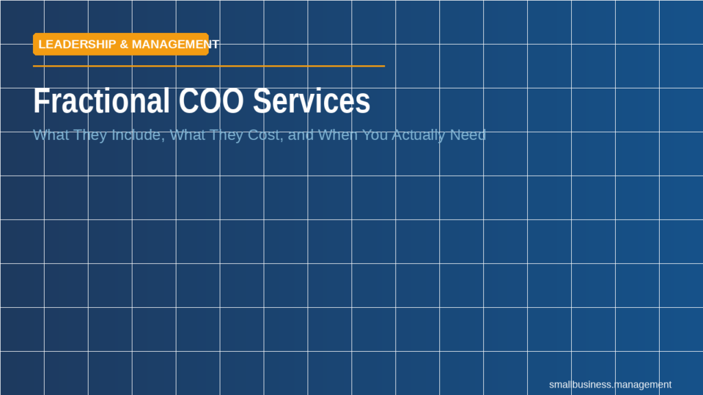 Hero banner announcing Fractional COO Services with a blue grid background and an orange 'Leadership & Management' badge.