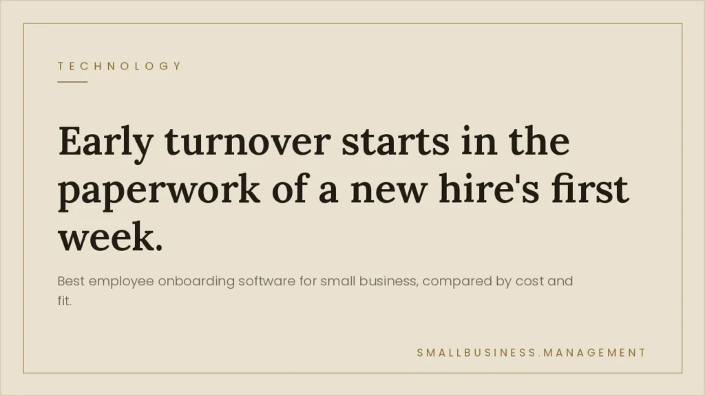Beige article hero with a large serif headline about early turnover in a new hire's first week; small 'Technology' tag top left and site name bottom right.