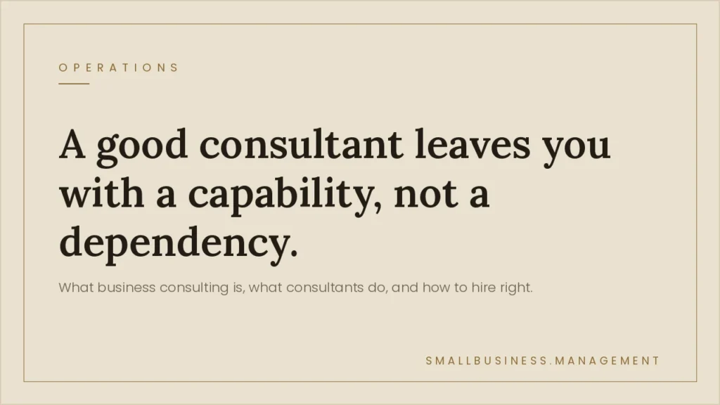 Hero banner on beige background with a bordered frame; headline reads 'A good consultant leaves you with a capability, not a dependency.' and a subtitle about business consulting.