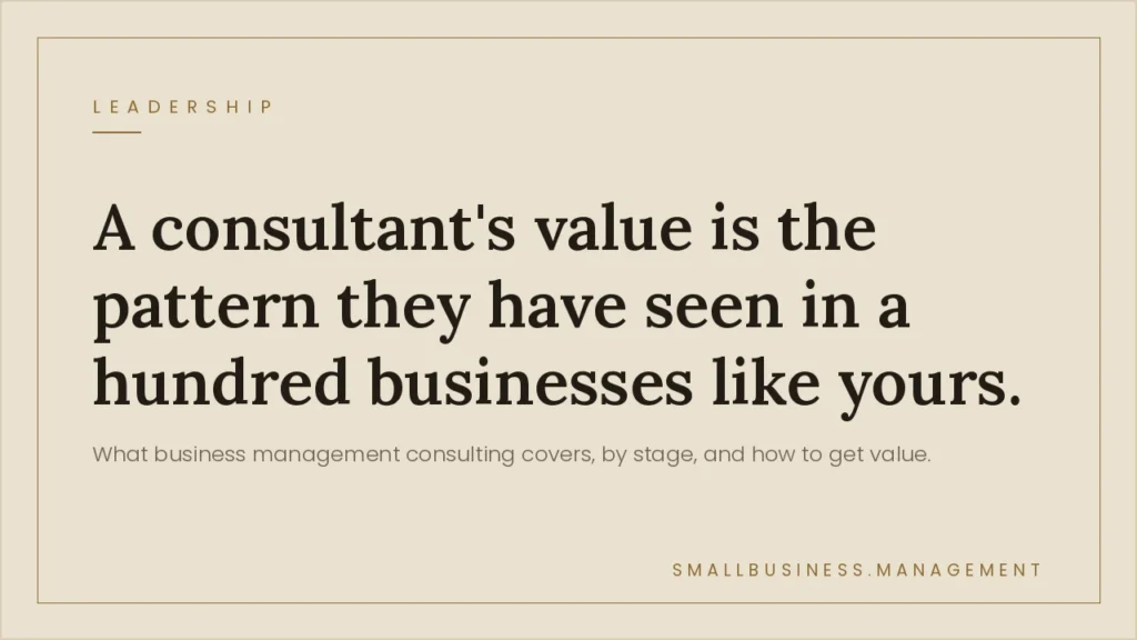 Business Management Consulting: What It Covers and How It Works - Small Business Management Beige hero banner showing the quote: 'A consultant's value is the pattern they have seen in a hundred businesses like yours.'