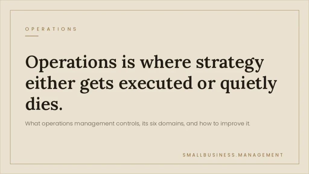 Business Operations Management: A Practical Guide for Small Businesses - Small Business Management Beige hero image with a small 'OPERATIONS' label, a large bold quote: 'Operations is where strategy either gets executed or quietly dies,' and a subtitle about operations management.
