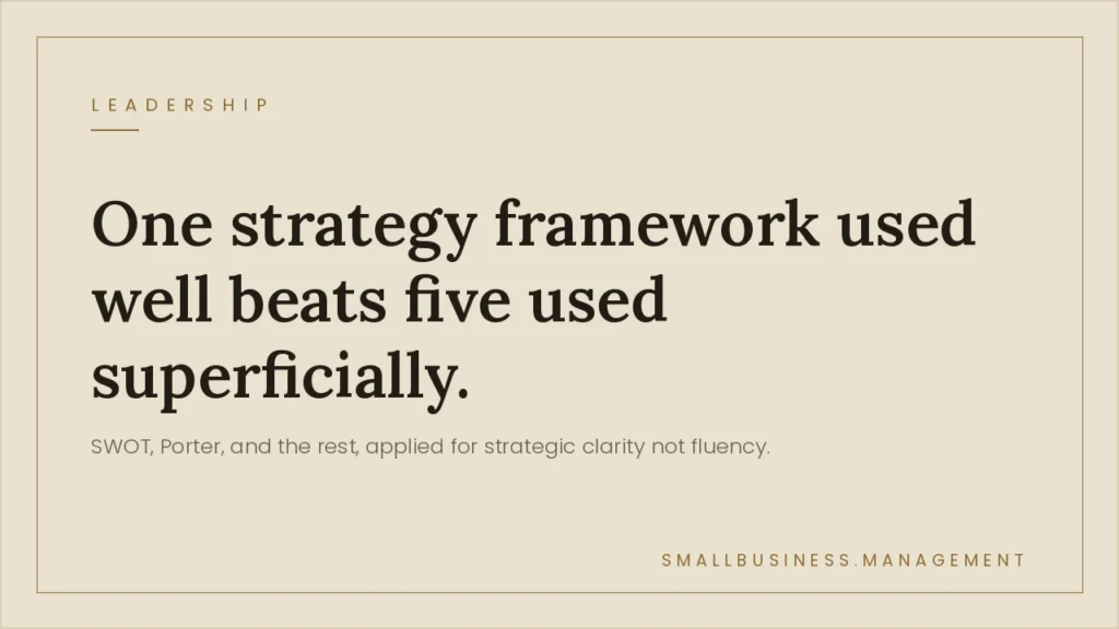 Business Strategy Methodologies: A Practical Guide for Small Business Leaders - Small Business Management Beige hero image with 'LEADERSHIP' and the large quote: 'One strategy framework used well beats five used superficially.' Subtext mentions SWOT and Porter. Bottom-right 'smallbusiness.management'