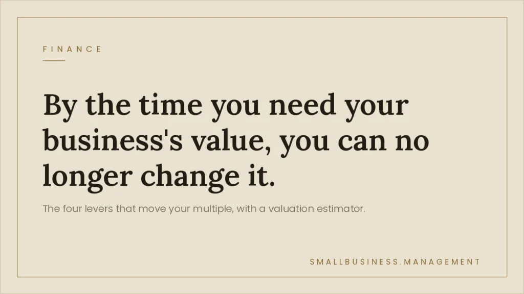 Business Valuation for Small Business: The Four Levers That Actually Move Your Multiple - Small Business Management Beige marketing poster with a large serif headline: 'By the time you need your business's value, you can no longer change it.' Subheading: 'The four levers that move your multiple, with a valuation estimator.' Smallbusiness.management appears at the bottom right.