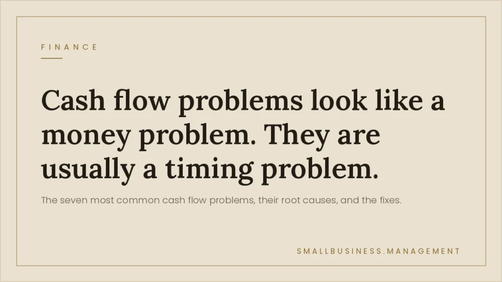 Cash Flow Problems in Small Business: Causes and Fixes - Small Business Management Hero banner introducing cash flow timing problems: 'Cash flow problems look like a money problem. They are usually a timing problem' on a beige, bordered background with small 'FINANCE' label and site footer text.