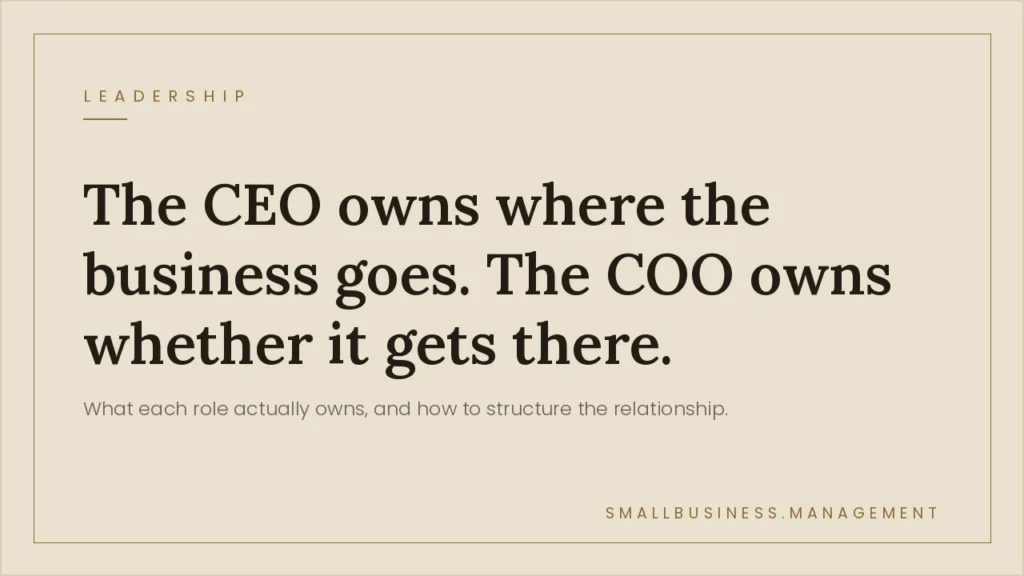 CEO vs COO: What the Difference Means for Your Business - Small Business Management Hero banner with bold serif headline: 'The CEO owns where the business goes. The COO owns whether it gets there.' on a beige background; small 'Leadership' tag top left and site name bottom right.