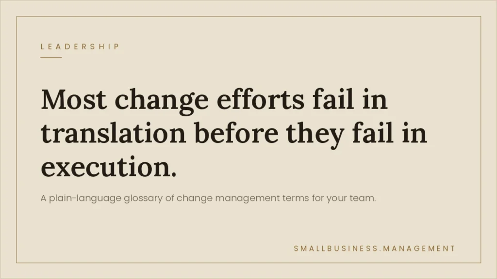Change Management Terms: A Plain-Language Glossary for Small Business - Small Business Management Beige hero banner featuring a bold headline about change efforts failing in translation before execution, with a subtitle about a plain-language glossary; Leadership label top-left.