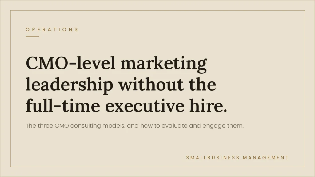 Beige hero banner with the headline: 'CMO-level marketing leadership without the full-time executive hire' and a subtitled line beneath.