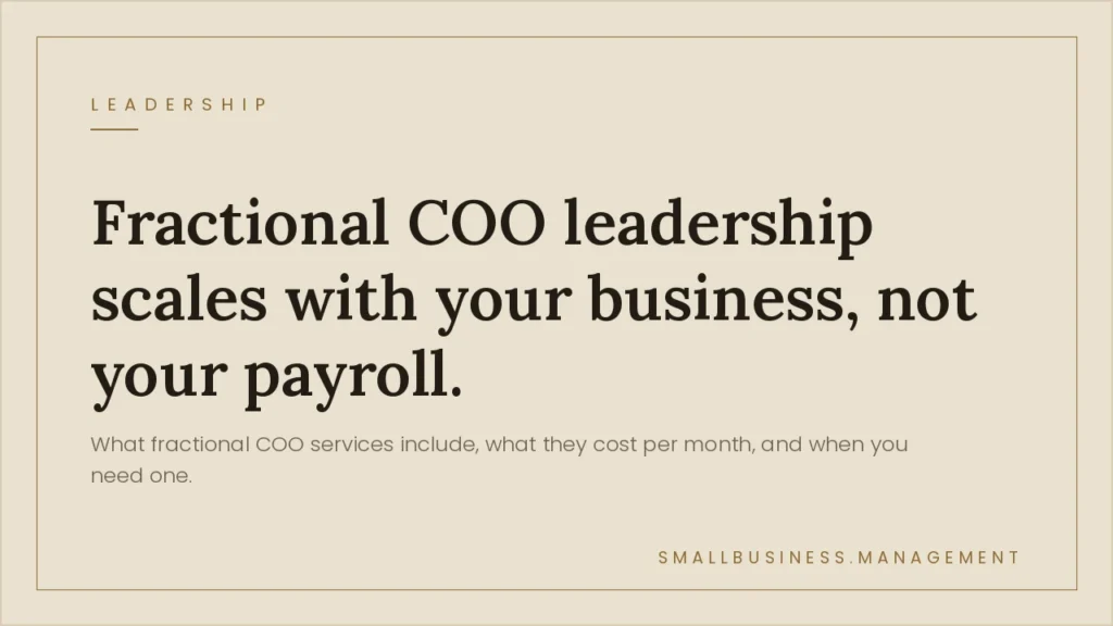 Beige hero banner with a bold serif headline: 'Fractional COO leadership scales with your business, not your payroll' and a smaller subhead, framed by a thin border.