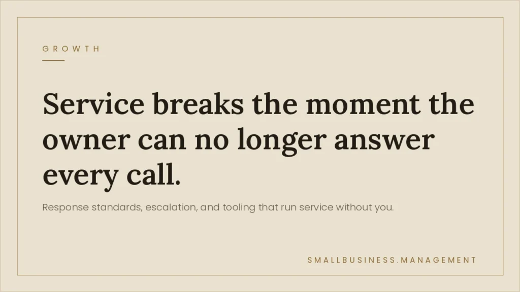 Customer Service for Small Business: Building the System That Runs Without You - Small Business Management Beige quote card about growth reading: 'Service breaks the moment the owner can no longer answer every call.' Branding: Growth and smallbusiness.management at edges.