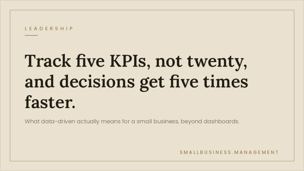 Beige hero banner with a large serif headline: 'Track five KPIs, not twenty, and decisions get five times faster.' Subheading reads: 'What data-driven actually means for a small business.'