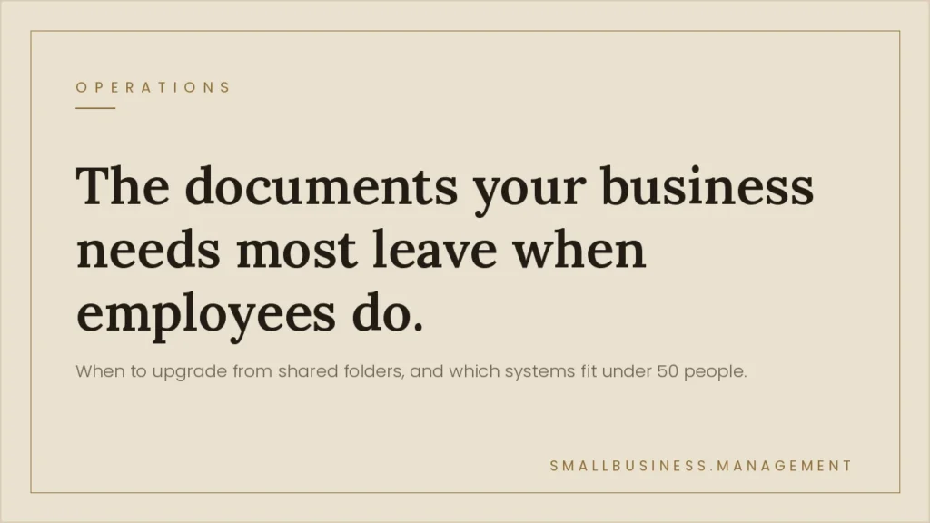 Hero banner with the headline: 'The documents your business needs most leave when employees do' and subheading about upgrading from shared folders for under 50 people (small business management).