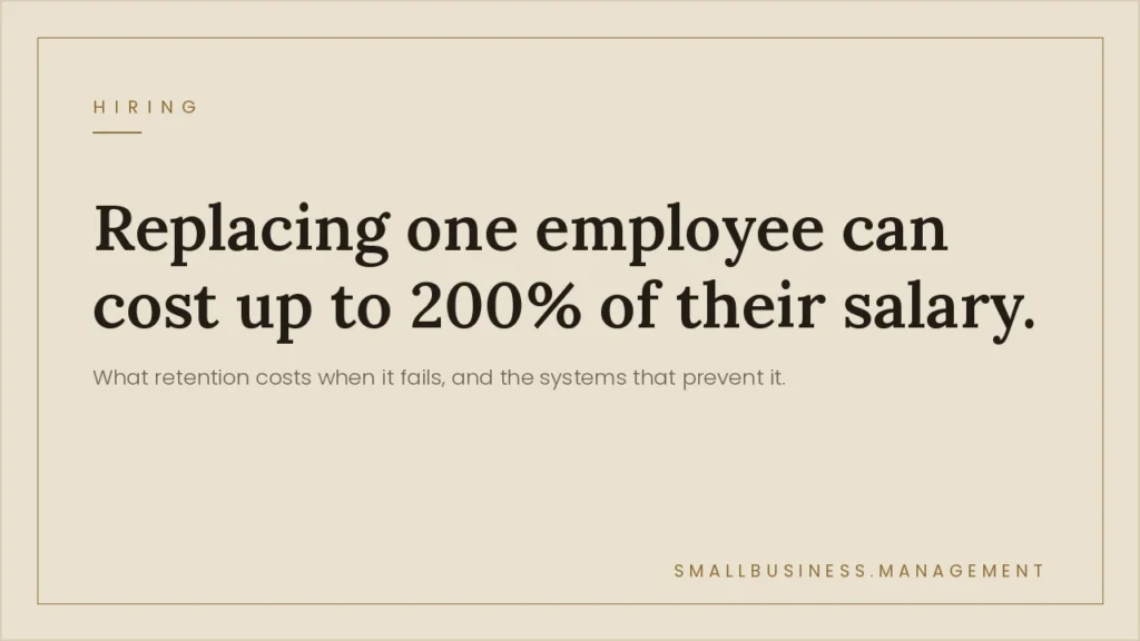 Employee Retention for Small Business: What Actually Works and What It Costs You When It Doesn't - Small Business Management Informational hero banner about replacement costs: 'Replacing one employee can cost up to 200% of their salary' with a small 'Hiring' label.
